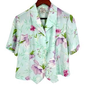 Allison Daley 14P Petites Tropical Beach Floral Blue Pink Shirt Top Blouse